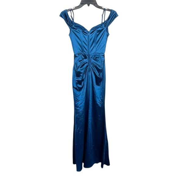 NWT B. Darlin | Blue Off The Shoulder Corset Wrap Side Slit Long Dress 0 - Picture 6 of 9